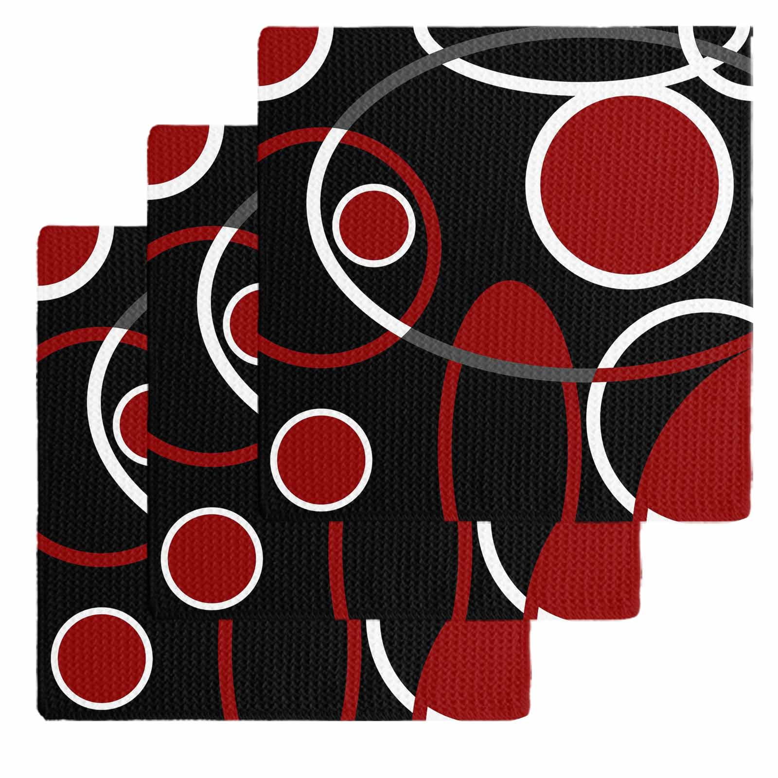 Black Red Dish Towels Set, Waffle Weave Kitchen Towels 3 Pieces, White Circle Geometric Abstract Texture Microfiber Hair Face Bath Tea Towel Absorbent Quick Drying Cleaning Dish Cloths, 12"x12"