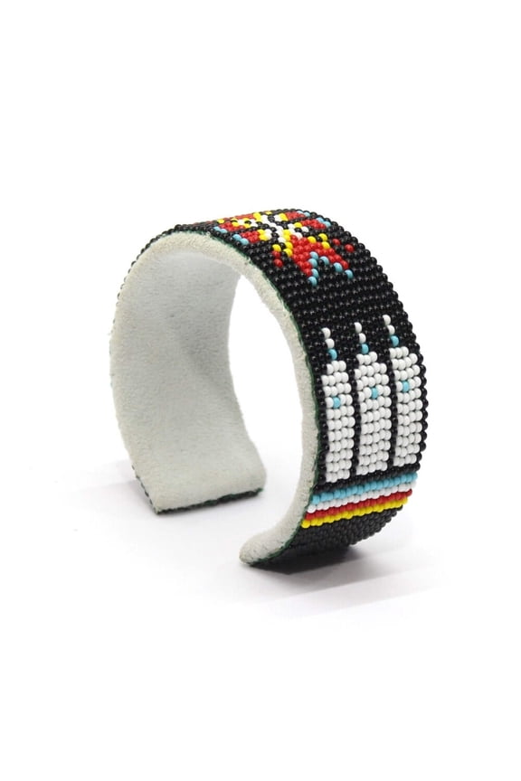 Black Red Fire Pattern Hard Cuff Beaded Handmade Bracelet 1 Inch Width