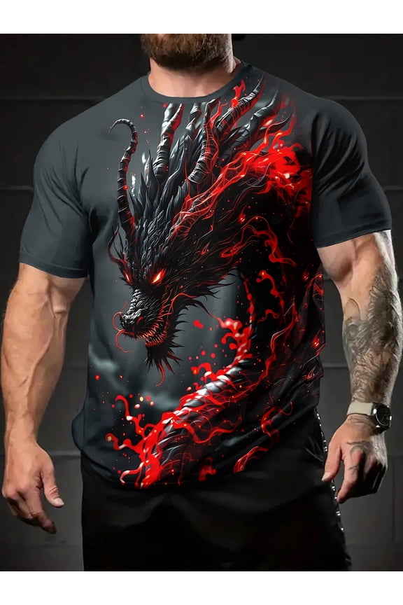 Black and Red Flame Dragon Broken Wall Print 3D Printed T-Shirt, Men's Summer Casual Sports, Digital Printed Pattern Comfortable Men's Round Neck Short Sleeve Top, Suitable for Men Going Out
