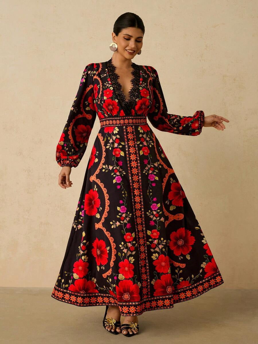 red and black floral maxi dress & Print With V-Neck Lace Trim Long Sleeve Bohemian Style, Women's, Size: 4XL Black Outfit back fastening for a Size:3-4 Years (110cm) Women's Sexy Semi-Sheer Lace
