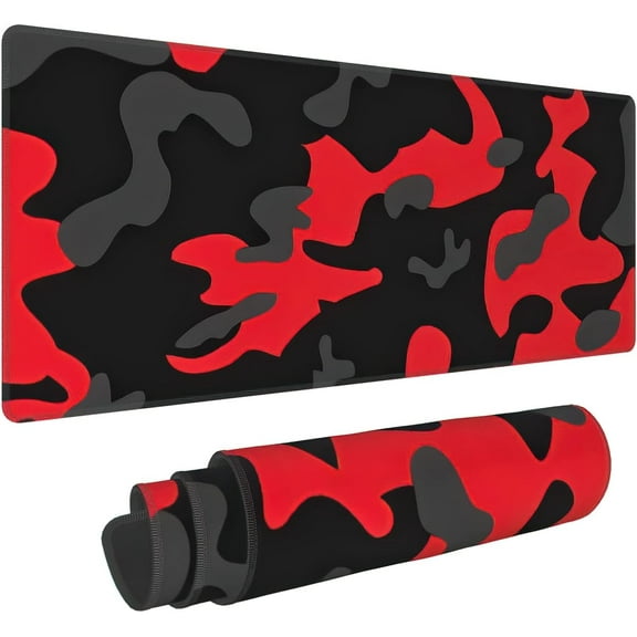 Black Red Gaming Mouse Pad XL Camo Camouflage Extended Big Large Desk Mat Non-Slip Rubber Base Stitched Edge Long Keyboard Mousepad for PC Computer Laptop,31.5×11.8 Inches