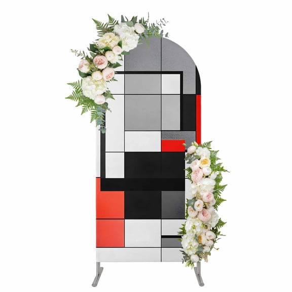 Black Red Geometric Arch Backdrop Cover, Spandex Fitted Wedding Arch Cover, Red White Abstract Art Modern Round Top Stand Covers for Birthday Ceremony Bridal Shower Party Decor 4x1.65 Ft