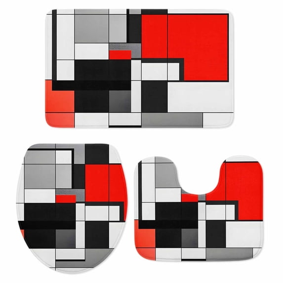 Black Red Geometric Bath Mat 3 Piece Bathroom Rug Set, Red White Abstract Art Modern Non Slip Bath Rug Contour Mat and Toilet Lid Cover, Absorbent Shower Mats Soft Bath Rugs and Mats Sets