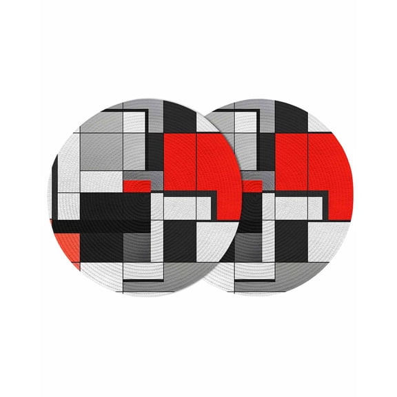 Black Red Geometric Round 13 Inch Placemats Set of 2, Red White Abstract Art Modern HeatResistant Non Slip Place Mats for Dining Table, Wipeable Braided Kitchen Table Mats for Housewarming