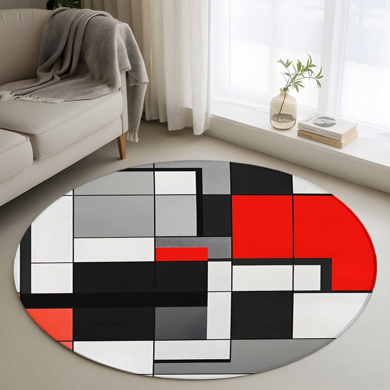 Black Red Geometric Round Rug 3ft Washable Circle Entryway Rugs Non ...