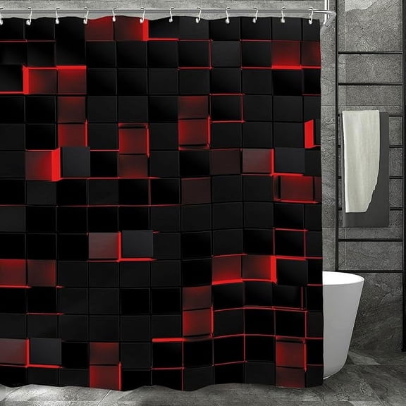 Black Red Geometric Shower Curtain Set Modern Abstract Brick 3D Gradient Design Futuristic Cubes Cool Polyester Waterproof Bathroom Curtain With 12 Hooks 36"W x 72"L (Pack of 1)
