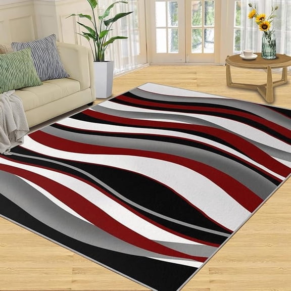 Black And Red Geometric Stripes Area Rug, Black And White Water Indoor Rug, With Anti-Slip Easy Clean Carpet For Living Room Bedroom Kitchen Dining Room Home Office 5x7ft