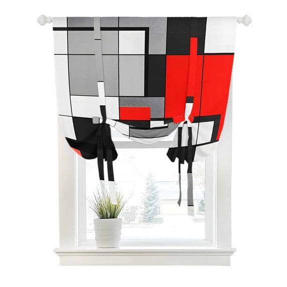 Black Red Geometric Tie Up Curtains for Window, Thermal Insulated Balloon Shade Adjustable Rod Pocket Curtains Valance Panels for Kitchen Bathroom Cafe 42 x 63 Red White Abstract Art Modern