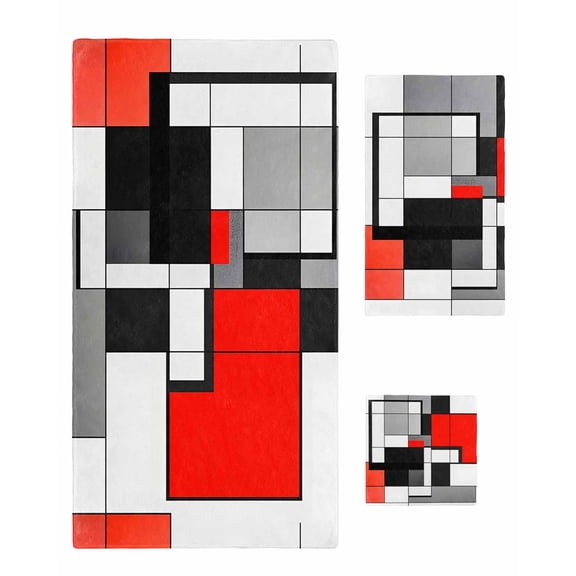 Black Red Geometric Towel Set of 3, Soft Microfiber Bath Towels, Hand Towel, Washcloths, Red White Abstract Art Modern Quick-Dry Absorbent Towels for Bathroom Kitchen Hotel Beach Gym Spa