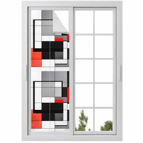 Black Red Geometric Window Privacy Film, Red White Abstract Art Modern Static Cling UV Sun Blocking Heat Control Window Tint Day and Night, Non-Adhesive One Way Windows Privacy Cover 17.7''x78.7''
