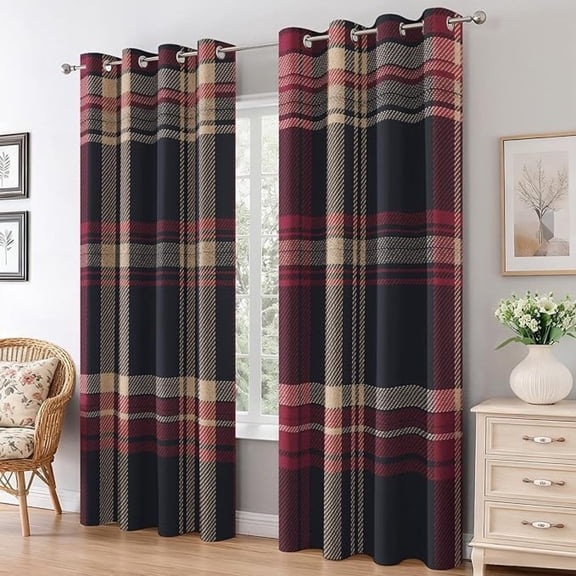 Black Red Gingham Curtain for Living Room, Thermal Insulated Modern Rustic Plaid Blackout Curtains, Grommet Drapes Window, Classic Tartan Bedroom Decor 53"W x 96"L (Pack of 2)