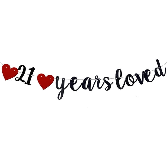 Black Red Glitter 21 Years Loved Banner, Double Heart Bunting for 21st Birthday Anniversary Party Wall Hanging Decor
