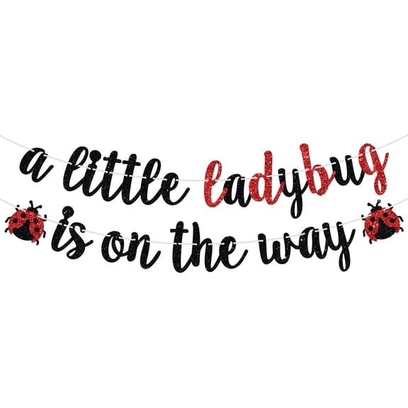 Black & Red Glitter A Little Ladybug Is On The Way Banner with Ladybug Cutouts, Ladybug Themed Baby Shower Gender Reveal Decor