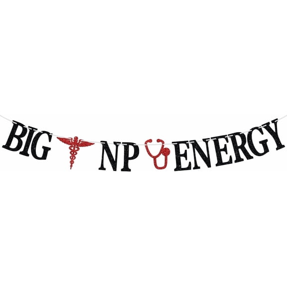 Black Red Glitter Big NP Energy Banner with Nurse Practitioner Caduceus & Stethoscope, NP Graduation Appreciation Week Banner