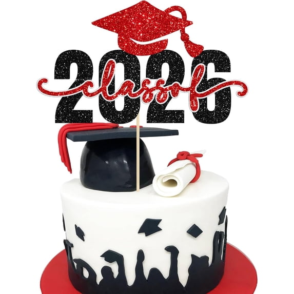 Black & Red Glitter Class of 2026 Graduation Cake Topper, Single Piece ...