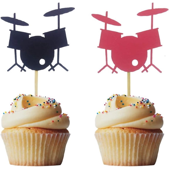 Black Red Glitter Drum Kit Band Cupcake Toppers 12Pcs Music Drummer Birthday Party Cupcake Picks
