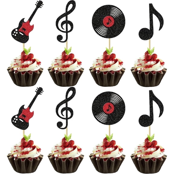 Black Red Glitter Electric Guitar Musical Note Vinyl Record Music Cupcake Toppers 12 Count Band Concert Themed Party Cupcake Picks