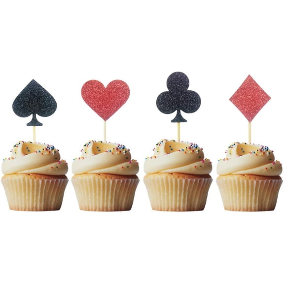 Black Red Glitter Playing Card Spade Heart Club Diamond Poker Cupcake Toppers 12Pcs Casino Game Night Bachelor Party Cupcake Picks