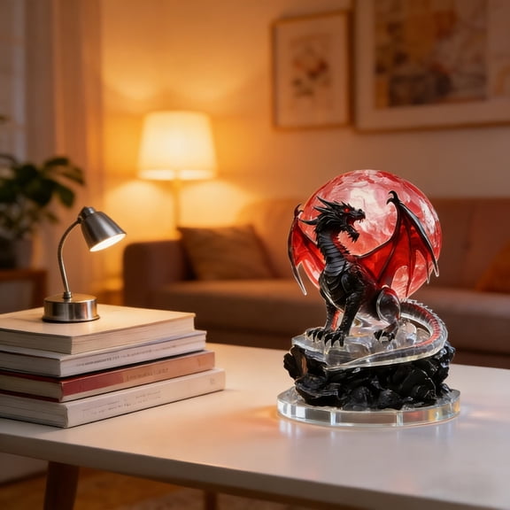 Black And Red Gothic Acrylic Dragon Stand Figure With Clear Base, Mythical Desk Ornament For Home Office Or Game Room, Scratch-Resistant Display, Gift For RPG Fans And Fantasy Collectors