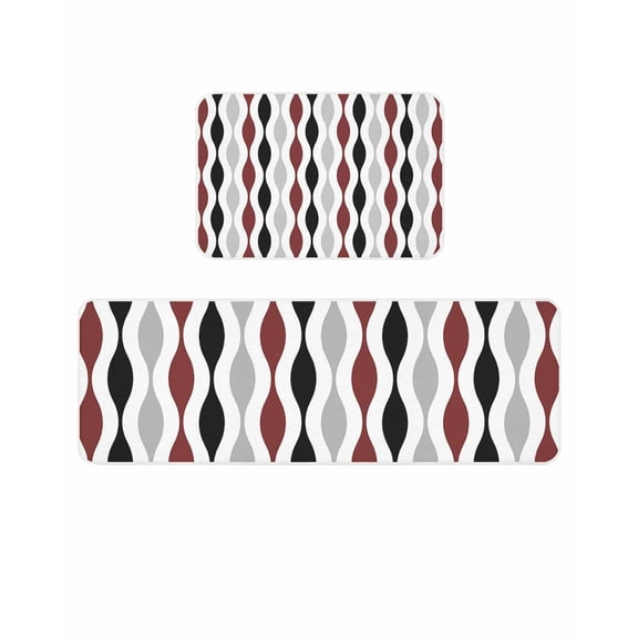 Black Red Gray Kitchen Mats for Floor 2 Piece, Medieval Print Waves Geometric Absorbent Non-Slip Kitchen Rugs Comfort Standing Mat for Laundry, Hallways 20"x24"+20"x48"