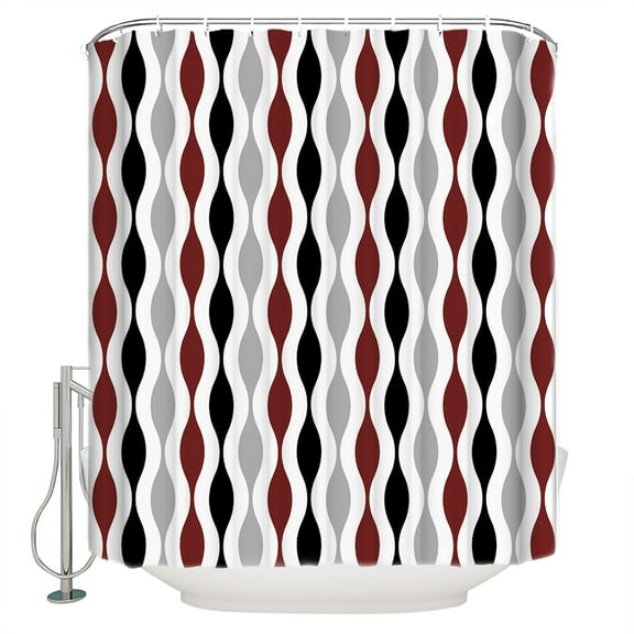 Black Red Gray Shower Curtain, 36" x 72", Medieval Print Waves Geometric Waterproof Bathroom Curtain Washable Shower Curtain Set with 12 Hooks