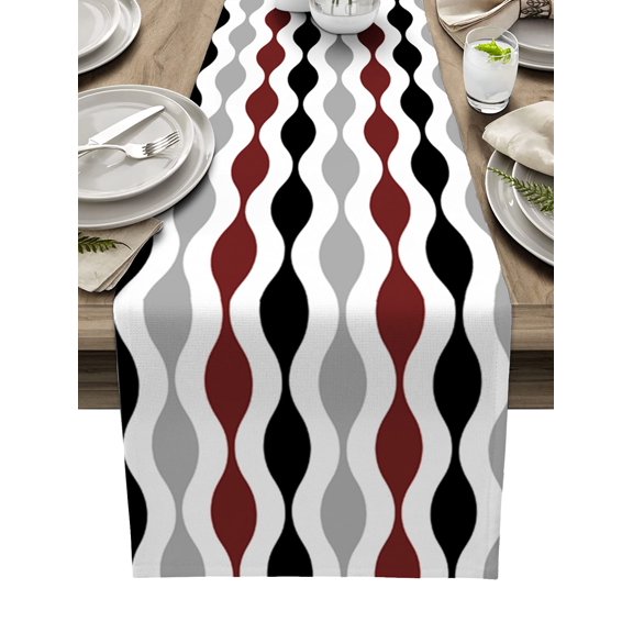 Black Red Gray Table Runner Print Waves Geometric Washable Table Runners Kitchen Dining Table Decoration for Home Party Decor (33*183cm)
