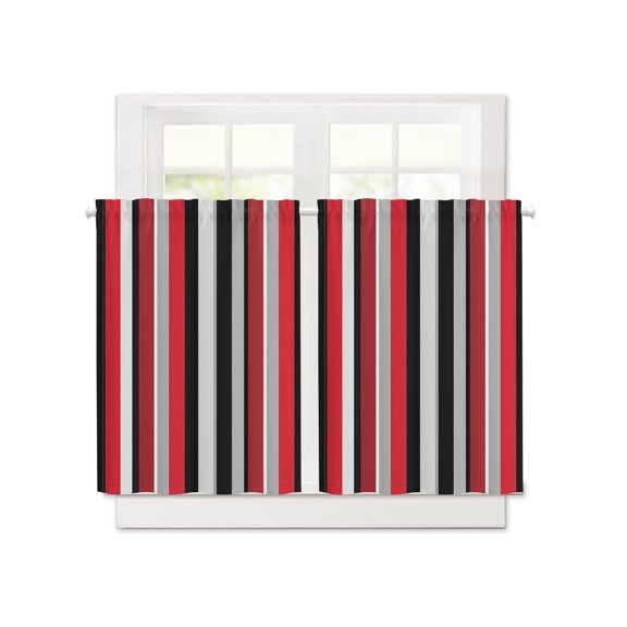 Black Red Grey Vertical Stripes Short Blackout Curtains 36 Inch Long,Classic Striped Rod Pocket Kitchen Curtains,2 Panels Thermal Insulated Room Darkening Drapes for Bedroom,30"W x 36"L