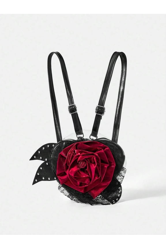 Black Red Heart-Shaped Studded Velvet Rose Mini Backpack With Adjustable