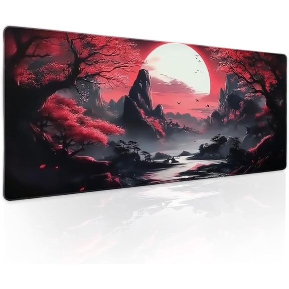 Black Red Japanese Gaming Mouse Pad XL Moon Sakura Cherry Blossom Extended Big Large Desk Mat Non-Slip Rubber Base Stitched Edge Long Keyboard Mousepad for PC Computer Laptop,31.5×11.8 in