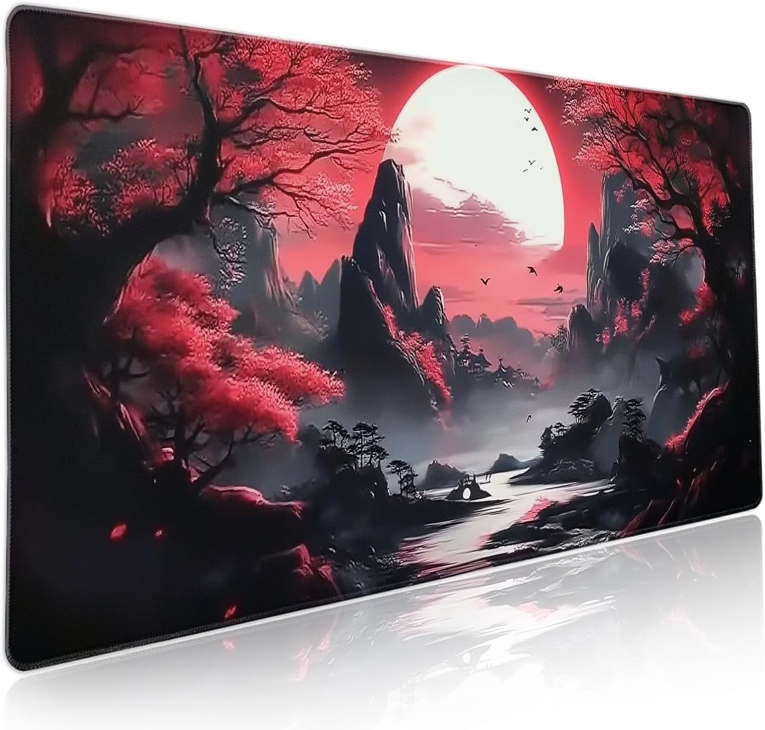 Black Red Japanese Gaming Mouse Pad XXL Moon Sakura Cherry Blossom Extended Big Large Desk Mat Non-Slip Rubber Base Stitched Edge Long Keyboard Mousepad for PC Computer Laptop,35.4×15.7 in