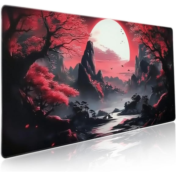Black Red Japanese Gaming Mouse Pad XXL Moon Sakura Cherry Blossom Extended Big Large Desk Mat Non-Slip Rubber Base Stitched Edge Long Keyboard Mousepad for PC Computer Laptop,35.4×15.7 in