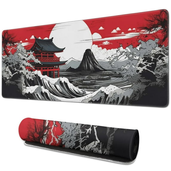 Black and Red Japanese Landscapes Gaming Mouse Mat, Wave Rectangle Large Non-Slip Rubber Gaming Mouse Pad with Stitched Edges, Office Mouse Pad for Women Men Kids, 31.5x11.8in