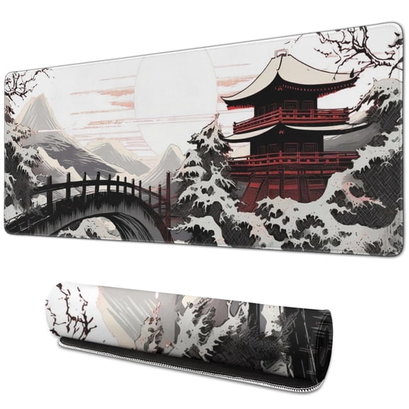 Black and Red Japanese Landscapes Gaming Mouse Mat, Wave Rectangle Large Non-Slip Rubber Gaming Mouse Pad with Stitched Edges, Office Mouse Pad for Women Men Kids, 31.5x11.8in