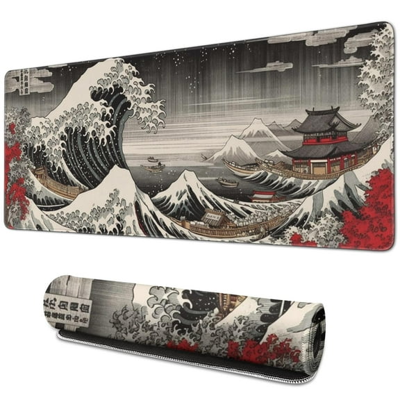 Black and Red Japanese Landscapes Gaming Mouse Mat, Wave Rectangle Large Non-Slip Rubber Gaming Mouse Pad with Stitched Edges, Office Mouse Pad for Women Men Kids, 31.5x11.8in