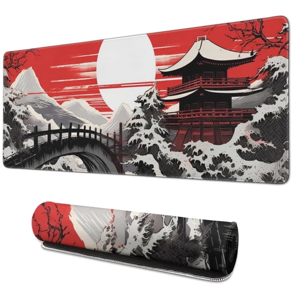 Black and Red Japanese Landscapes Gaming Mouse Mat, Wave Rectangle Large Non-Slip Rubber Gaming Mouse Pad with Stitched Edges, Office Mouse Pad for Women Men Kids, 31.5x11.8in