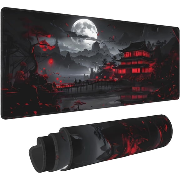 Black Red Japanese Mouse Pad XL 31.5 X 11.8 Inch Design Style Extended Large Gaming Mousepad Keyboard Full Desk Mat Non-Slip Rubber Base Stitched Edges for Home Office