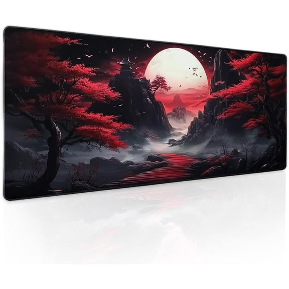 Black Red Japanese Mouse Pad XL Moon Sakura Cherry BLoosm Tree Extended Table Mat 80X30 cm Non-Slip Rubber Base Stitched Edge Large XL Mousepad for Desk Gaming Laptop Desk Top,31.5×11.8 Inch