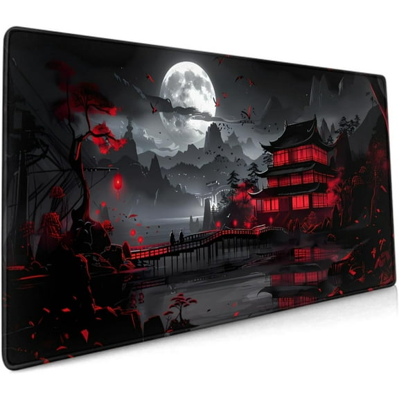 Black Red Japanese XXL Mouse Pad - 35.4x15.7 Inch Design Style, Extended Large Gaming Mousepad, Non-Slip Rubber Base, Stitched Edges, Perfect for Home Office