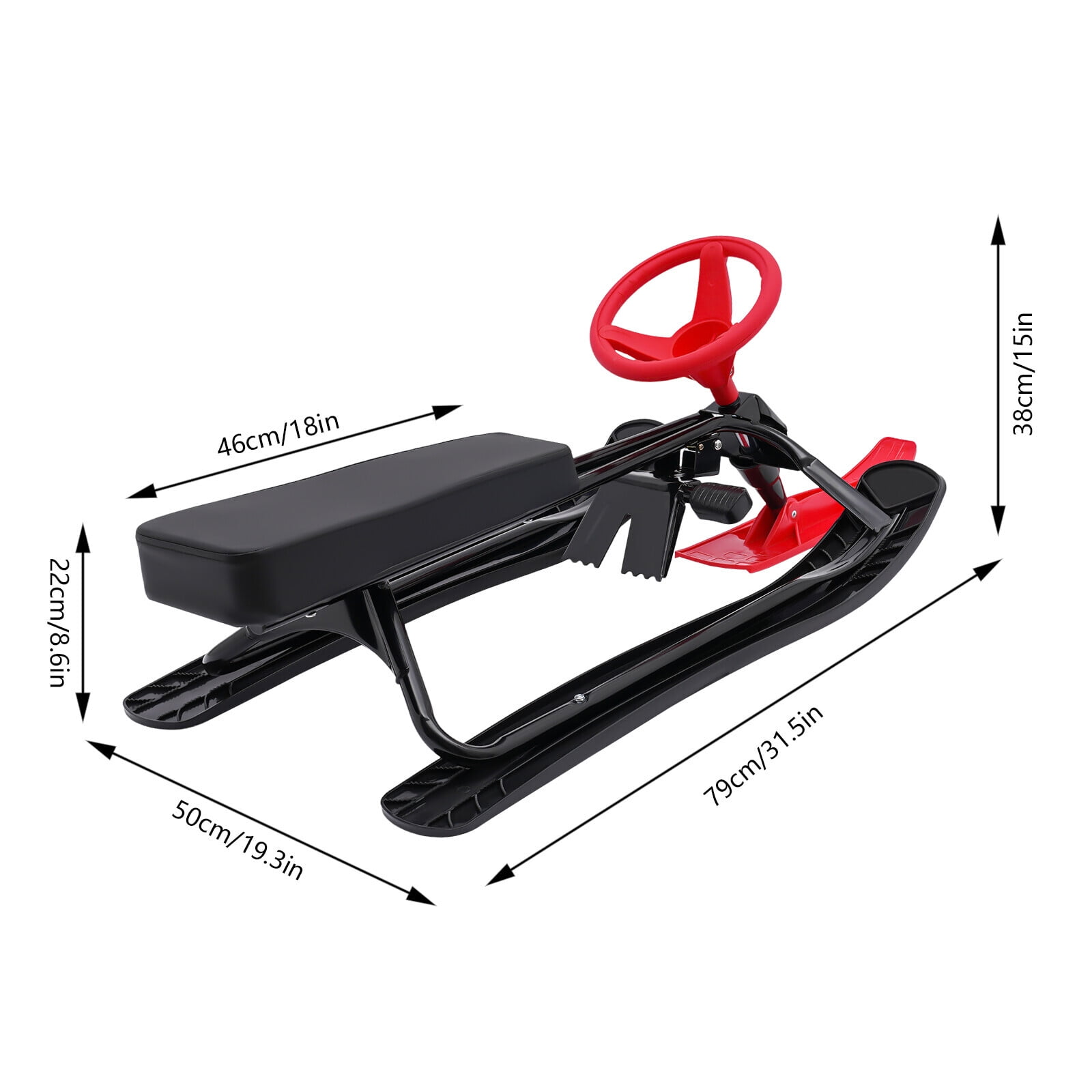 Black+Red Kids Snow Racer Sled W/Double Brakes Pull Rope Steering Wheel ...
