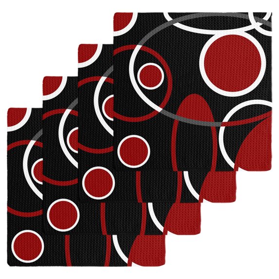 Black Red Kitchen Dish Towels for Drying Dishes Set of 4, White Circle Geometric Abstract Texture Waffle Weave Microfiber Hand Tea Bathroom Towels Quick Dry & Absorbent Towel 12x12