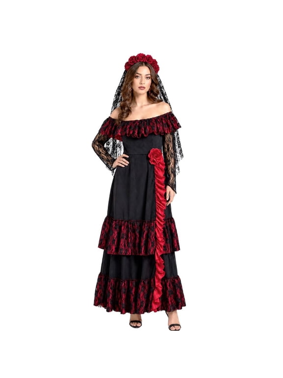 Black Red Lace Day of the Dead Bride Costume, Women’s Off Shoulder Maxi Dress with Rose Veil