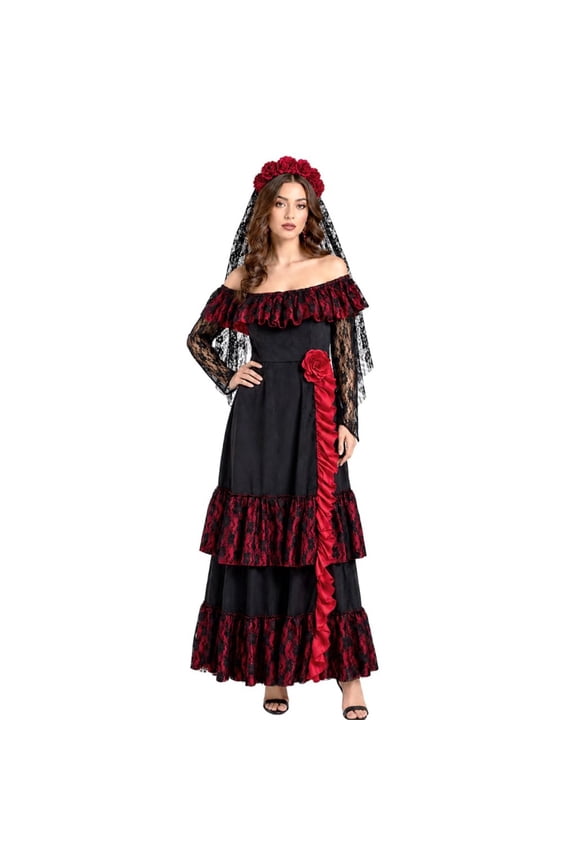 Black Red Lace Day of the Dead Bride Costume, Women’s Off Shoulder Maxi Dress with Rose Veil