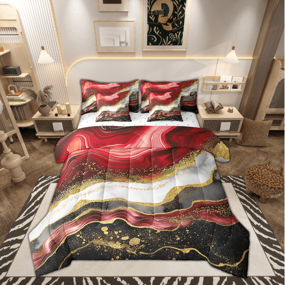 Black and Red Marbling Bed in a Bag 7pcs Watercolor Stripe Bedding Set, Abstract Marble Queen Size Comforter Set Foil Print Bedding Comforter Sets, Aesthetic Gold Metallic Bed Set Room Decor