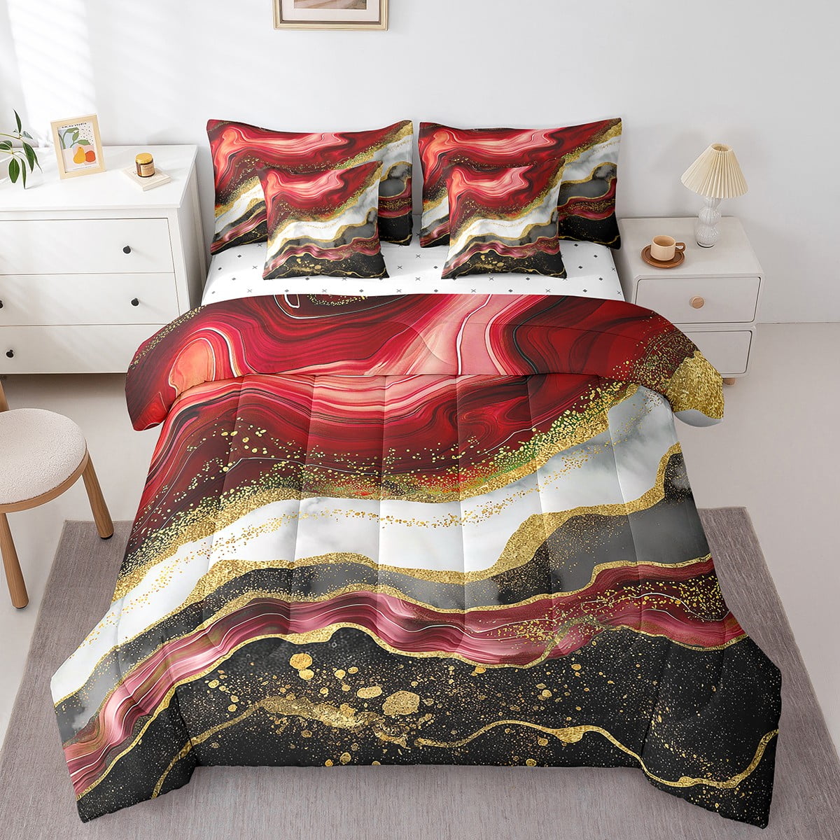 Black and Red Marbling Twin Comforter Set 7Piece Watercolor Stripe