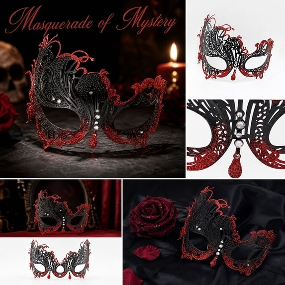 Black and Red Masquerade Mask, 6 X 6 Inch Filigree Metal Rhinestone Venetian Masquerade Masks for Women and Men, Halloween Accessory for Halloween Party and Mardi Gras Events, 1