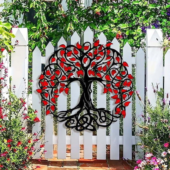 Black & Red Metal Tree of Life Wall Art, Decorative Iron Sculpture for Outdoor Garden & Home