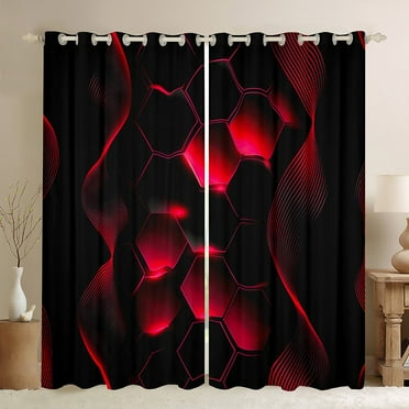 Black and Red Ombre Curtains,Geometry Honeycomb Hexagonal Striped Darkening Curtains for Bedroom Neon Lights Stripes Curtains Drapes,Geometric Curve Lines Window Treatments 38"X45"