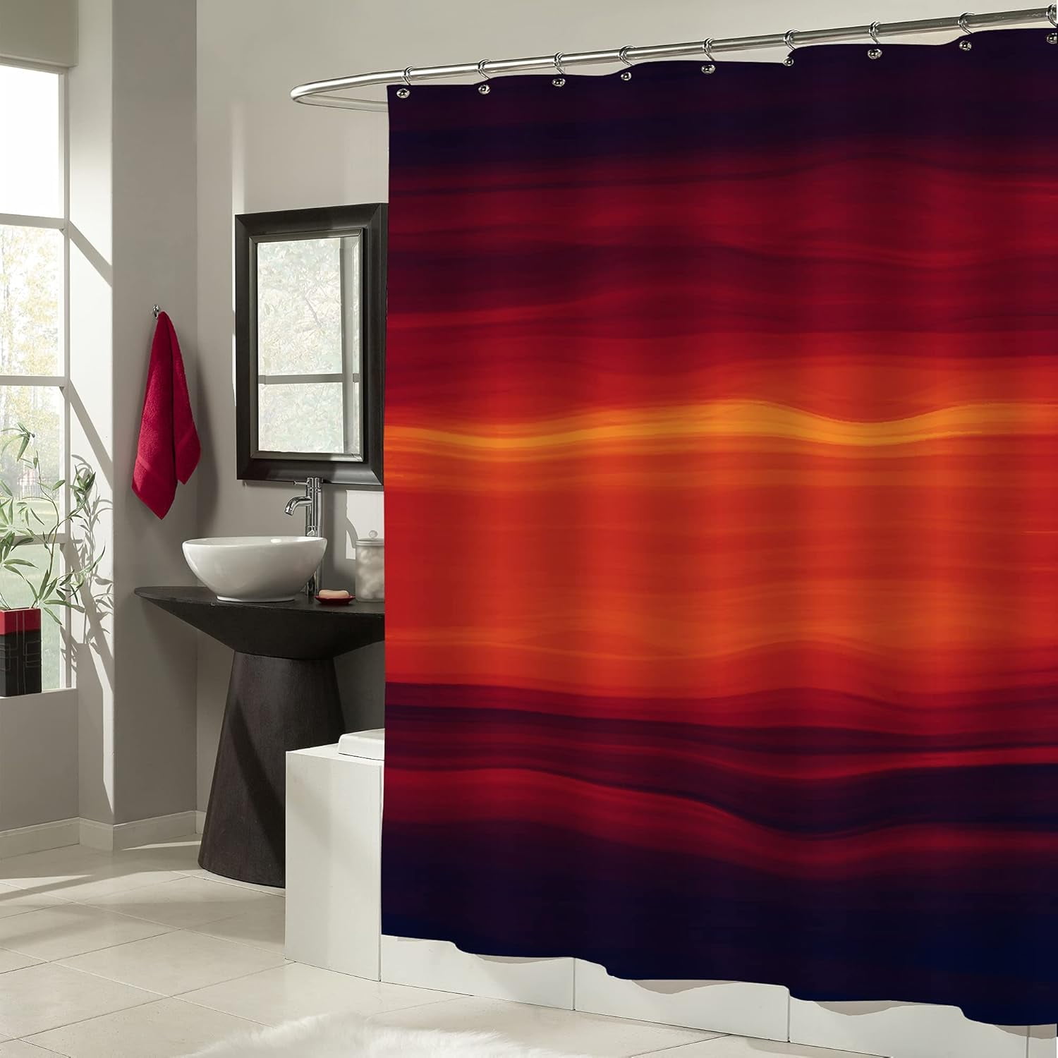 Black Red Ombre Shower Curtain Set, Abstract Ocean Standard Shower