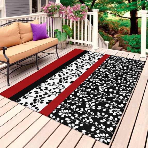 Black Red Outdoor Rug for Patio/Deck/Porch, Non-Slip Large Area Rug 6 x 9 Ft, Garden Floral Stripe Aesthetic Flower Boho Indoor Outdoor Rugs Washable Area Rugs, Reversible Camping Rug Carpet Runner
