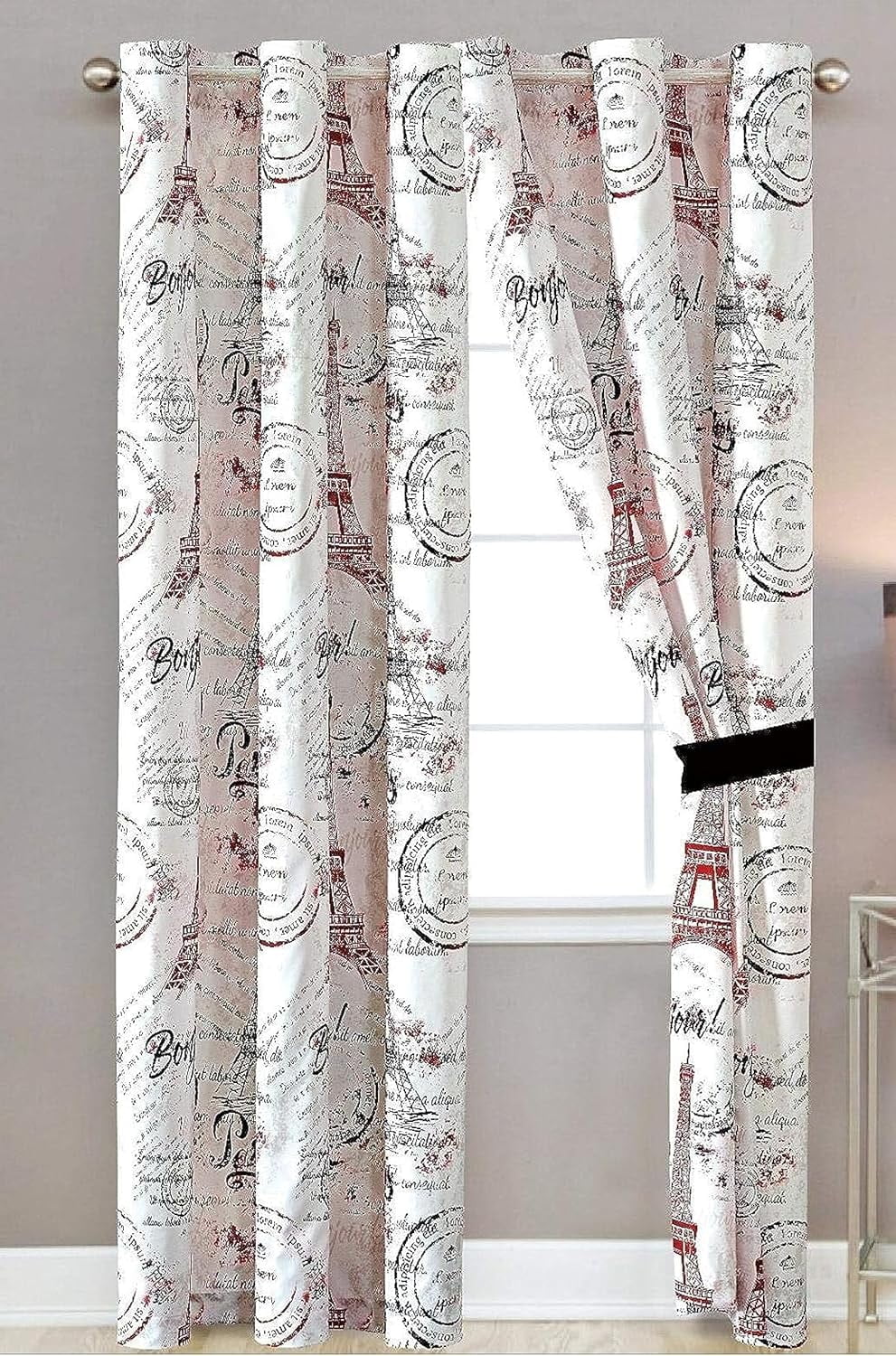 Black and Red Paris Themed Curtains 2 Panel Set with Sheer Backing